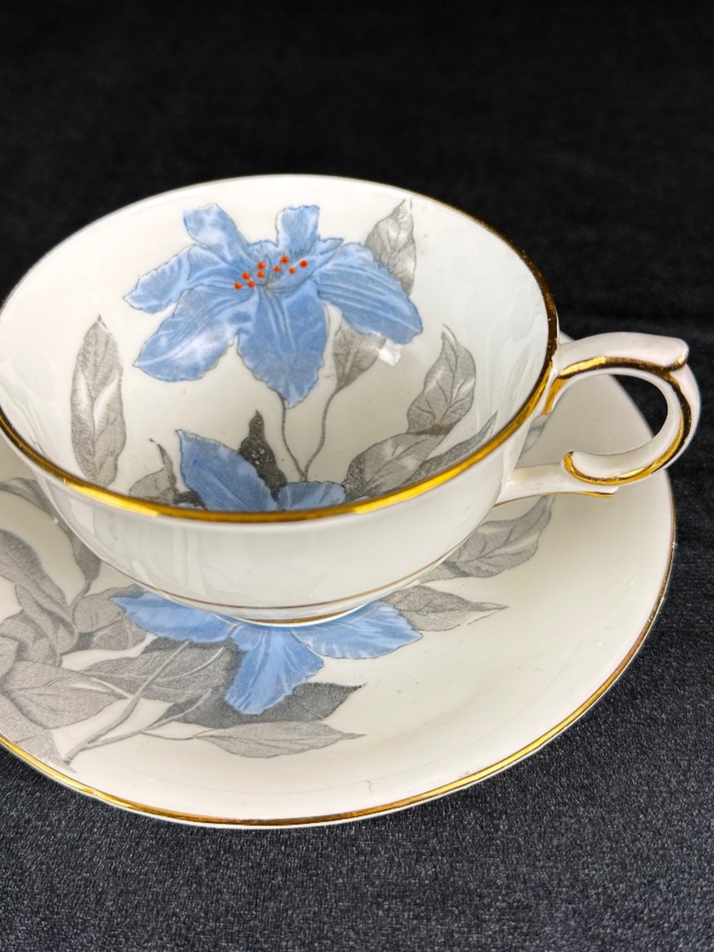 Vintage Clarence England Bone China Teacup Saucer Blue Trillium Excellent Gift